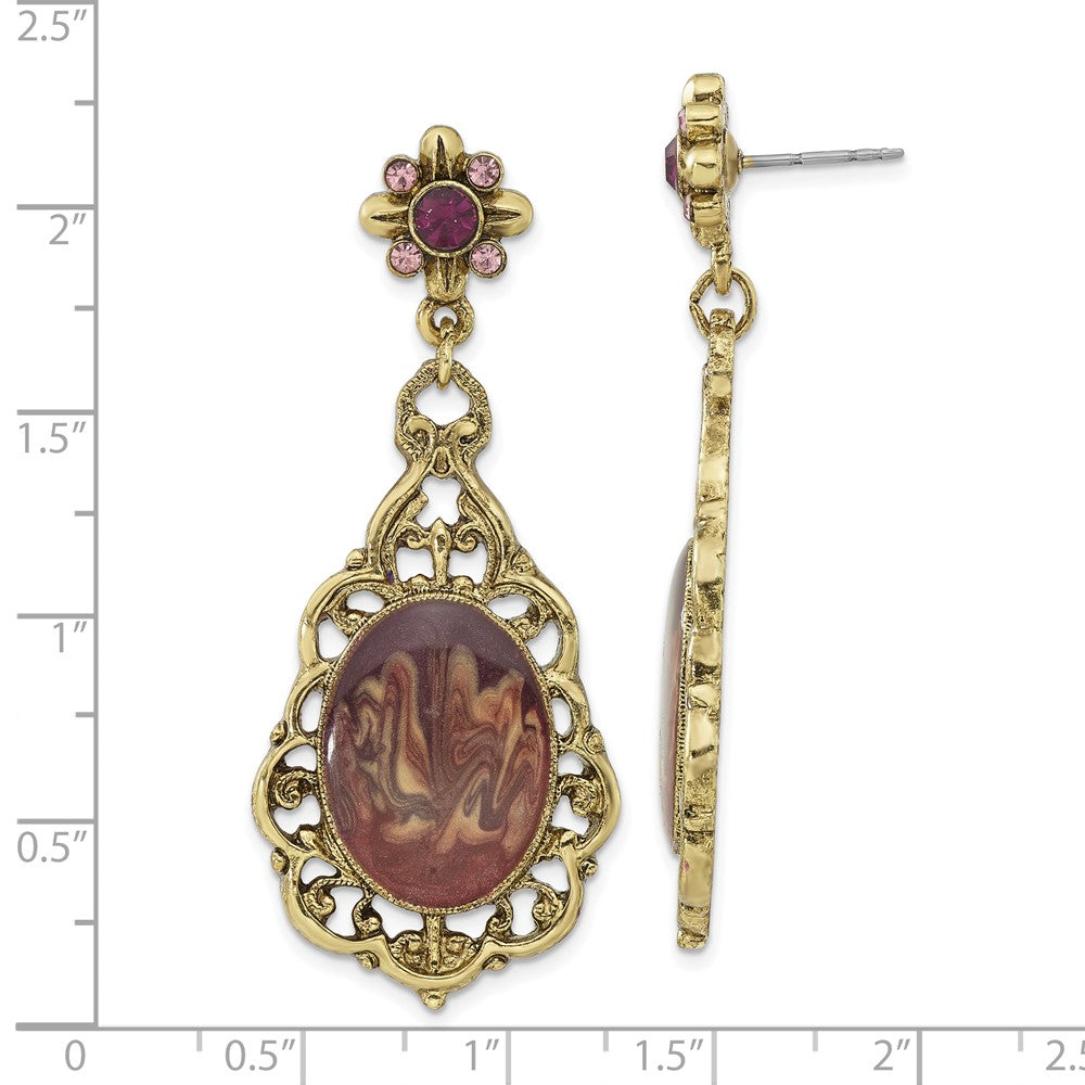 1928 Jewelry Brass-tone Filigree Frame Purple Crystal Oval Purple Enamel Teardrop Dangle Post Earrings