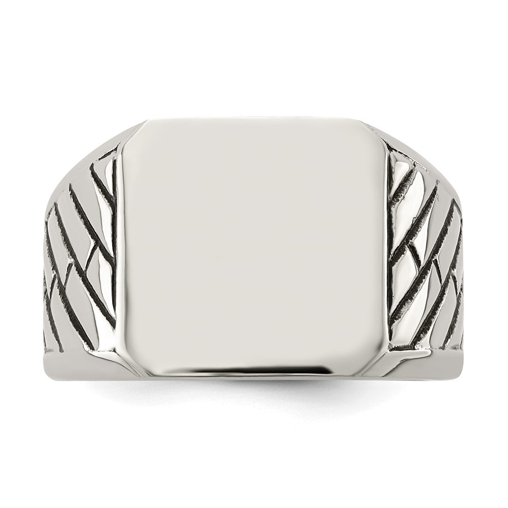 Stainless Steel Polished with Black Enamel Signet Ring Size - 12