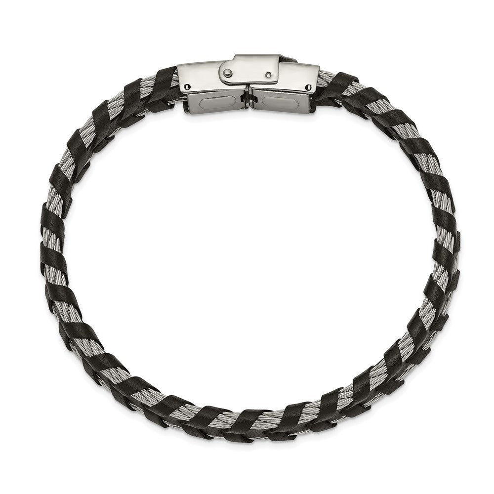 Stainless Steel Polished Cable and Braided Black Leather 8.25in Bracelet 8.25 inches