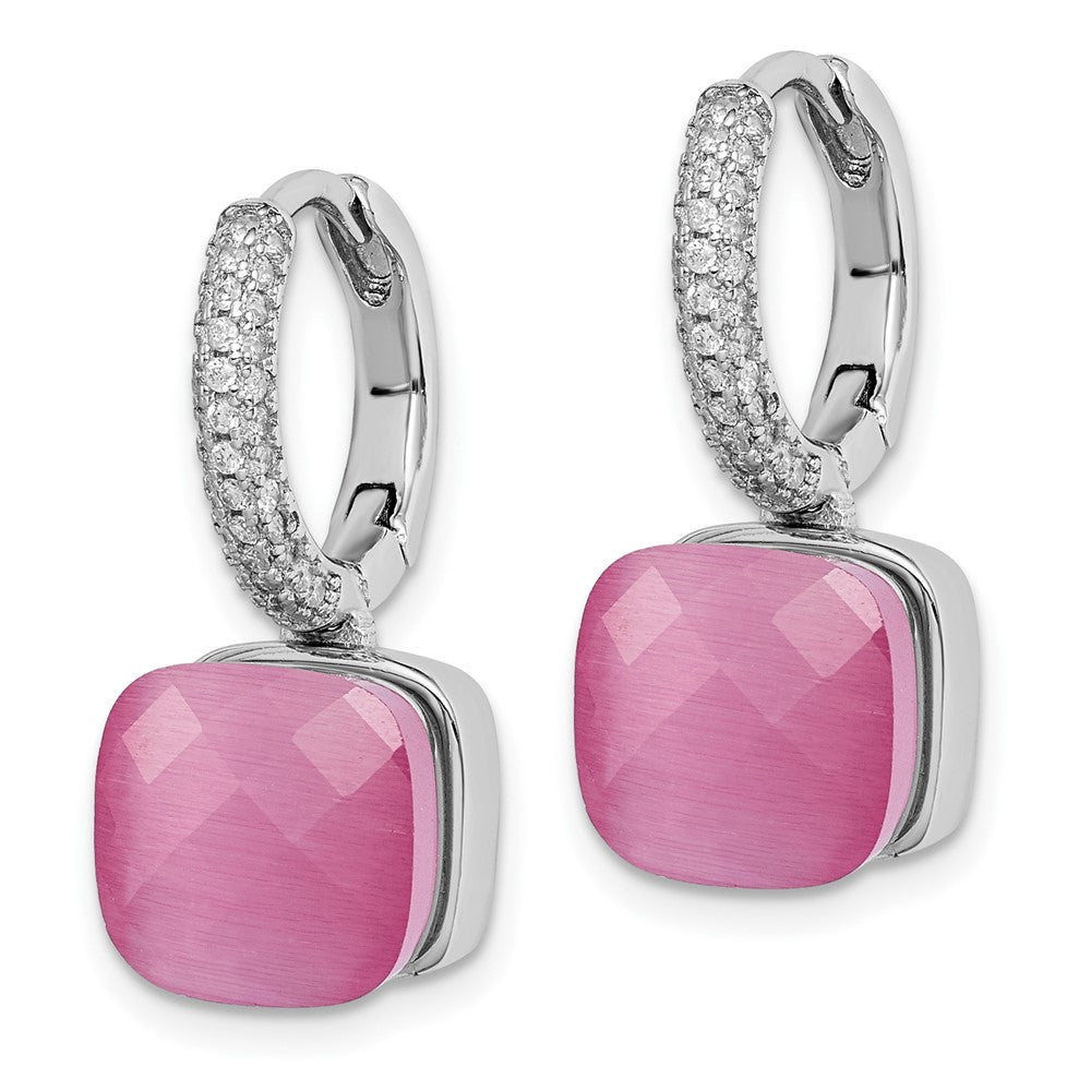 Sterling Silver Rhod-plated CZ Lab Cr Pink Cat's Eye Hinged Hoop Earrings
