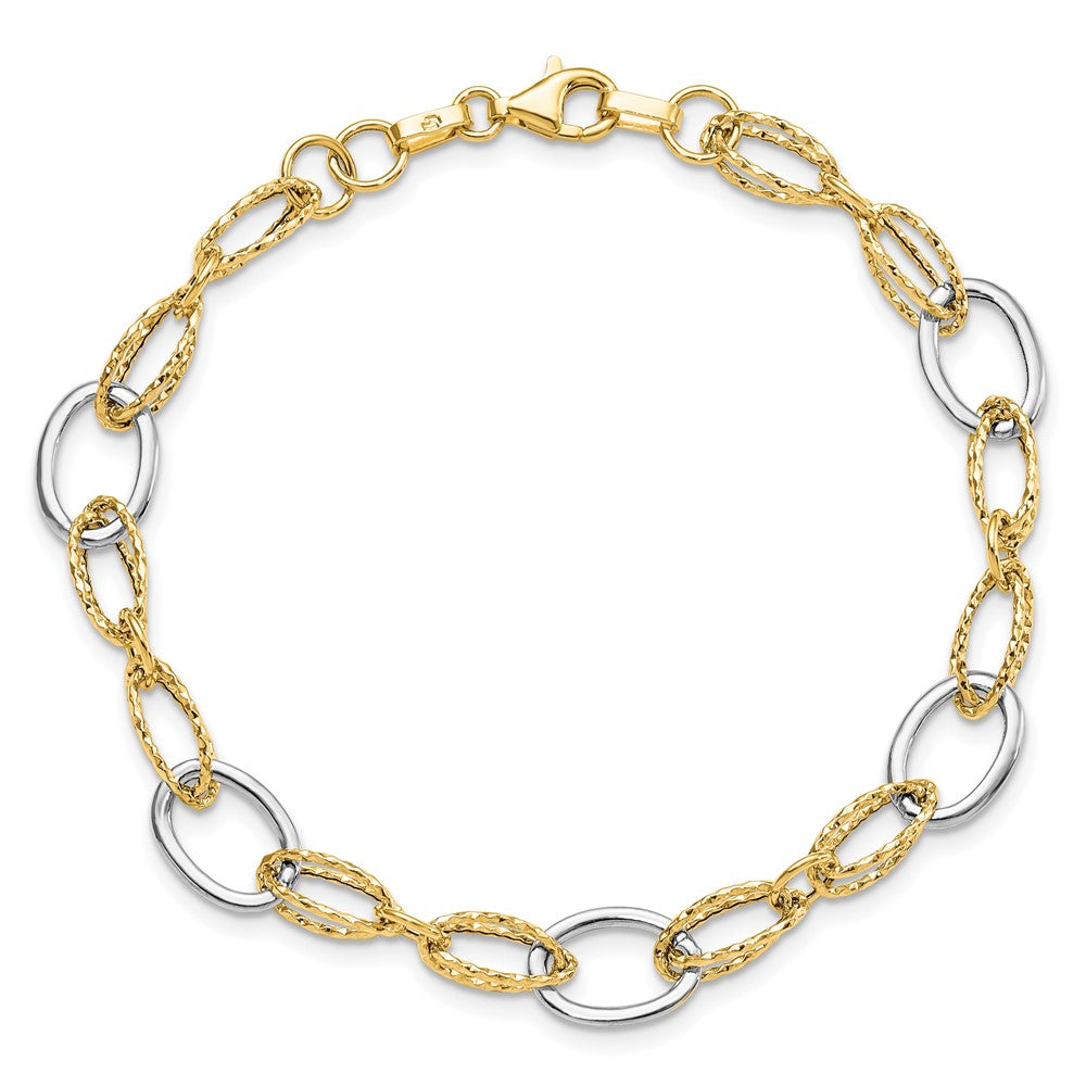 14K Two-tone Polished and Textured Fancy Link Bracelet 7.5  inches