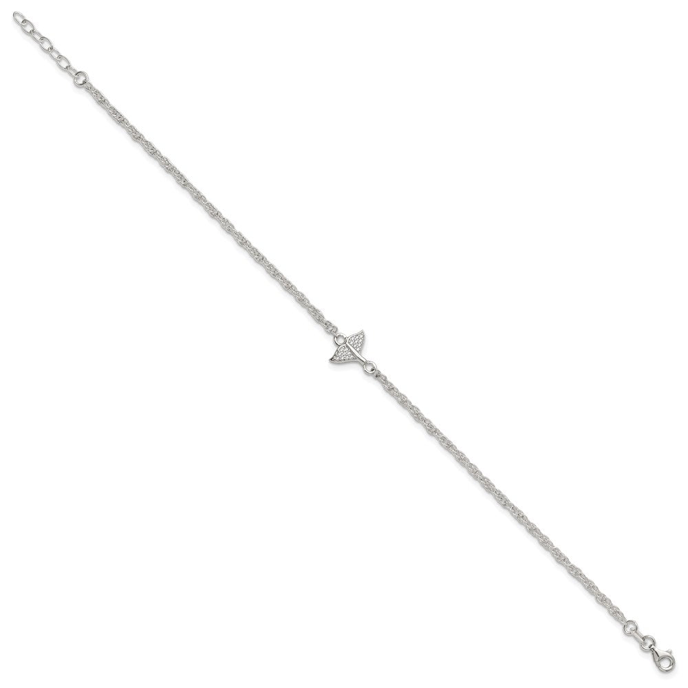 Sterling Silver Polished White CZ Whale Tail 9 inch with 1 inch Extension Anklet