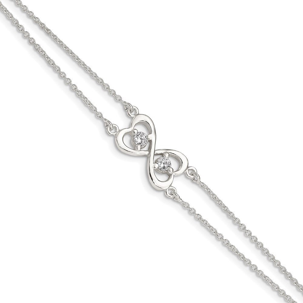 Sterling Silver Polished CZ Heart Two-strand Bracelet 7.5 inches