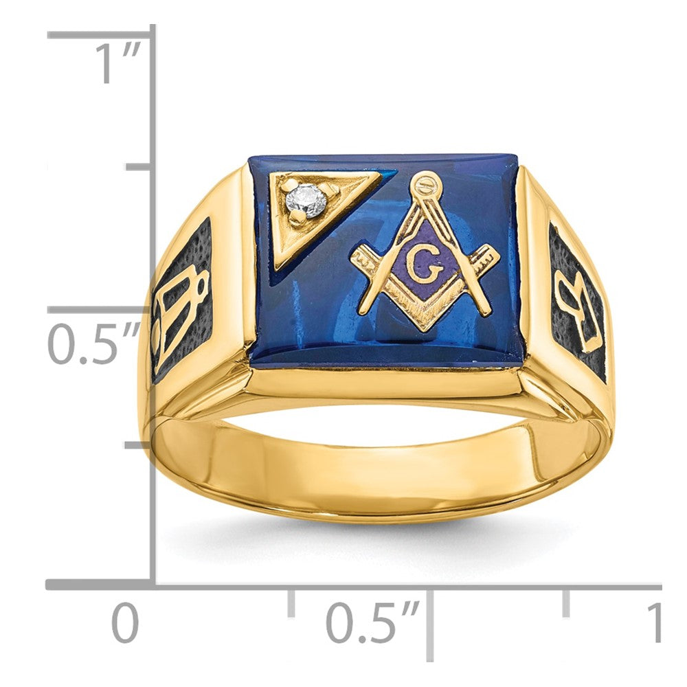 10k Men's Polished and Textured with Black Enamel, Imitation Blue Spinel and AA Quality Diamond Masonic Ring