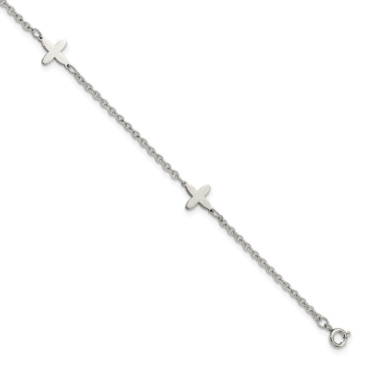 Stainless Steel Polished Cross Charms 9in Plus 1in ext Anklet
