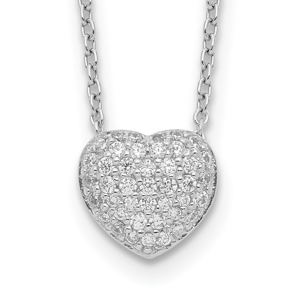 Sterling Silver Rhodium Plated CZ Heart w/1.5in ext Necklace 14 Inches