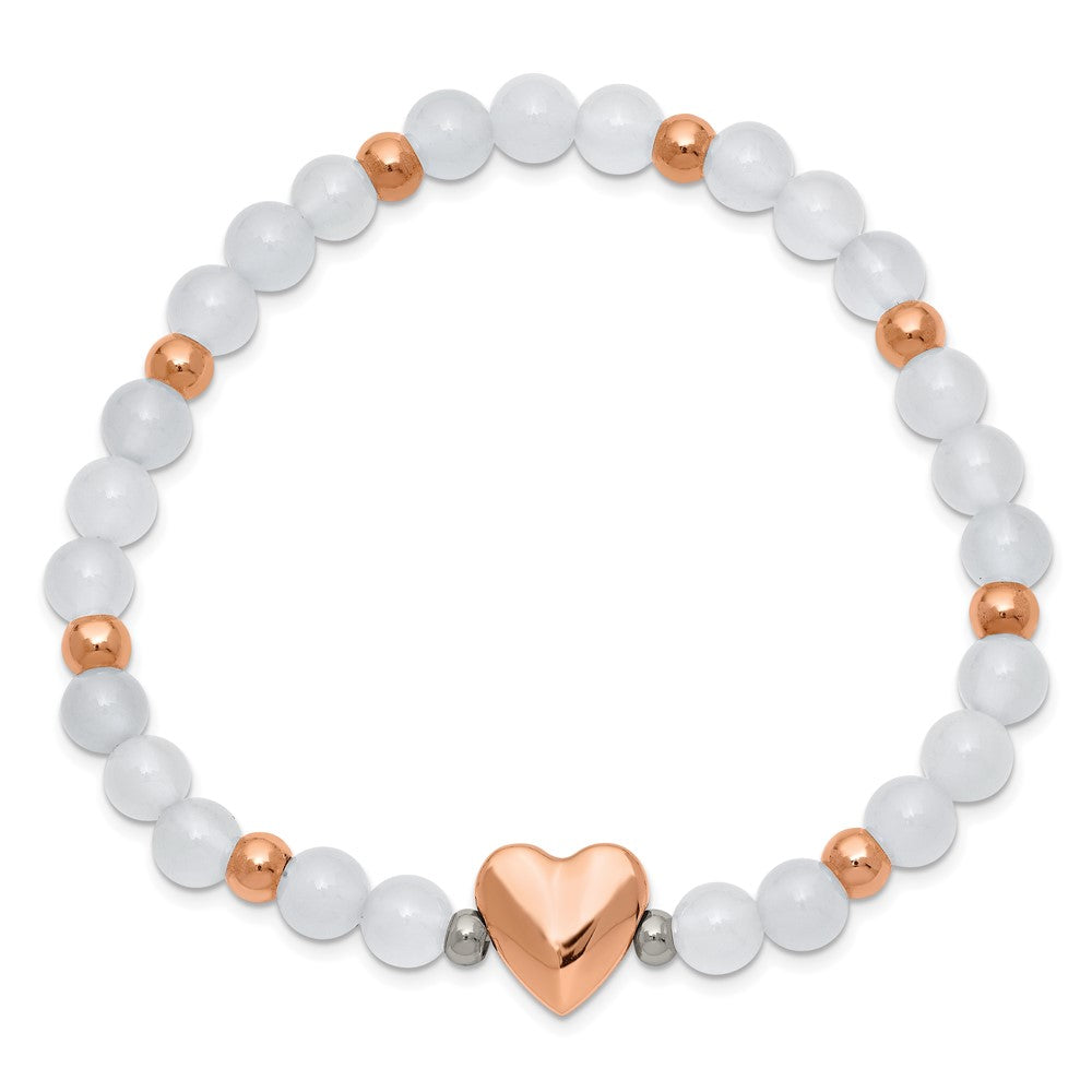 Stainless Steel Polished Rose IP-plated Heart White Agate Stretch Bracelet