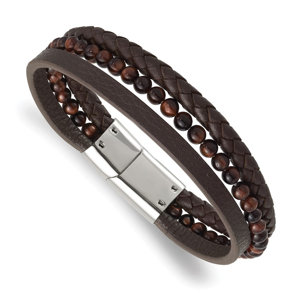 Stainless Steel Polished with Tiger's Eye Brown Leather 8.25in Bracelet 8.25 inches
