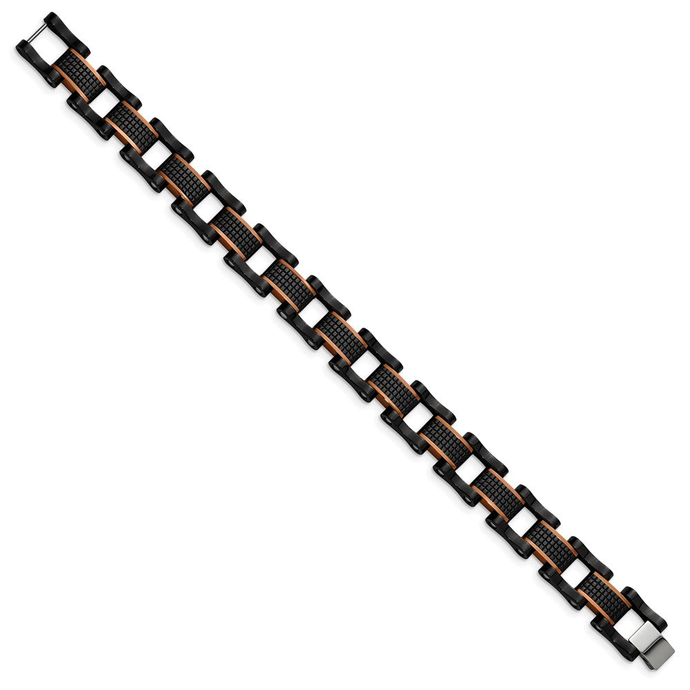 Stainless Steel Polished & Textured Black & Brown IP 8.25in Bracelet 8.25 inches