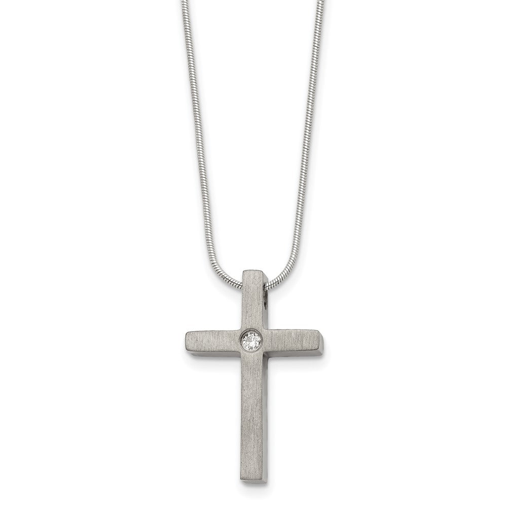 Titanium Brushed with CZ Cross 18in Necklace