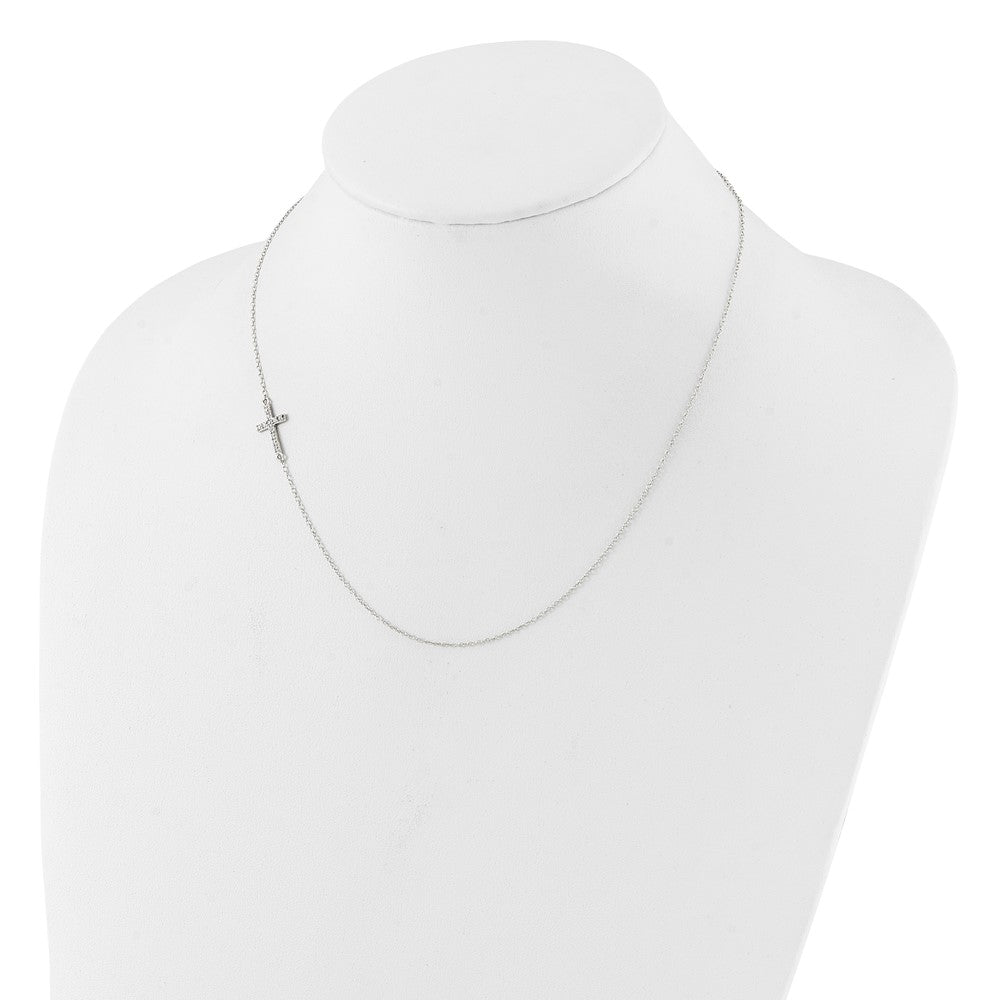 Sterling Silver Rhod-pltd CZ Offset Sideways Cross w/2in Ext Necklace 16 Inches
