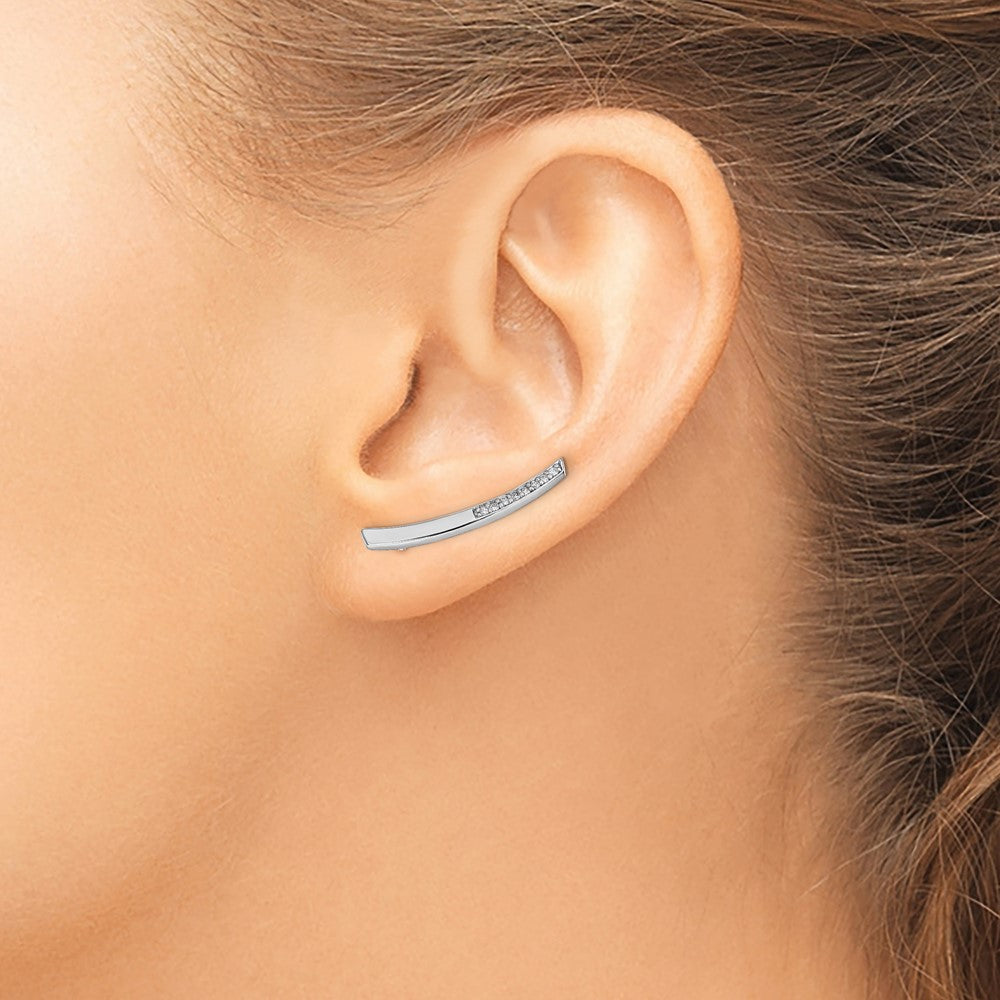 Sterling Silver Rhodium-plated Polished CZ Curved Bar Ear Climber Earrings