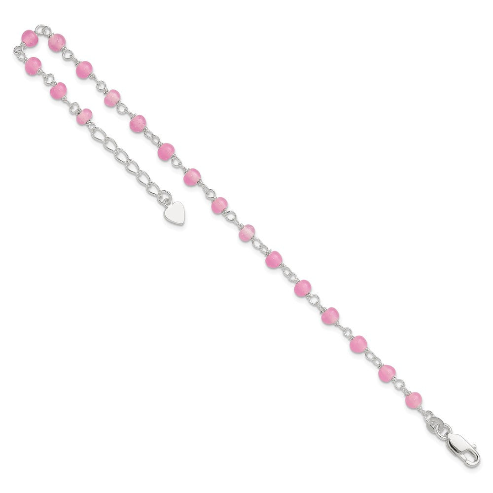 Sterling Silver Pink Glass Bead with Heart 8in Plus 1in ext Anklet 9 inches