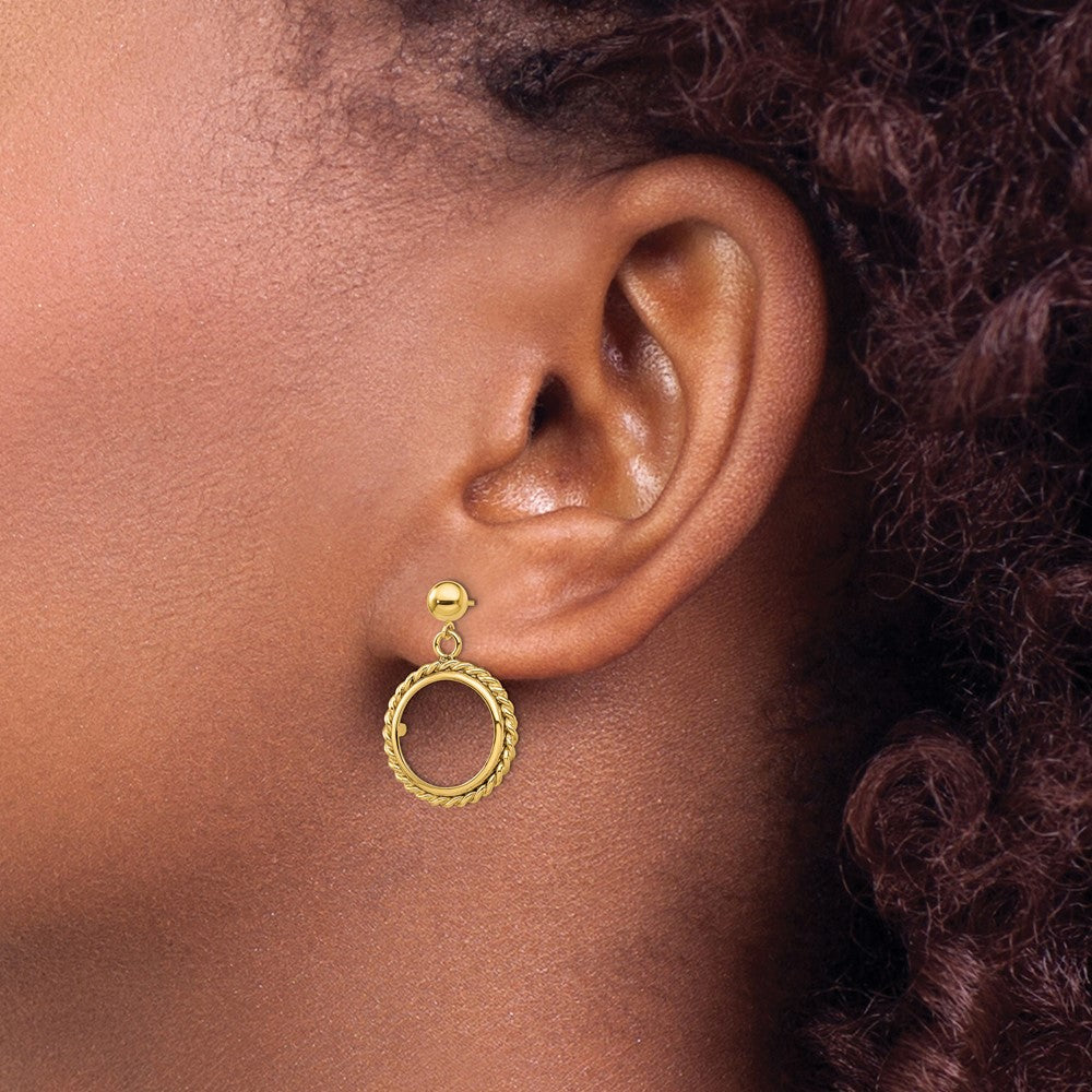 Wideband Distinguished Coin Jewelry 14k Polished Twisted Wire 14.0mm Prong Coin Bezel Post Dangle Earrings