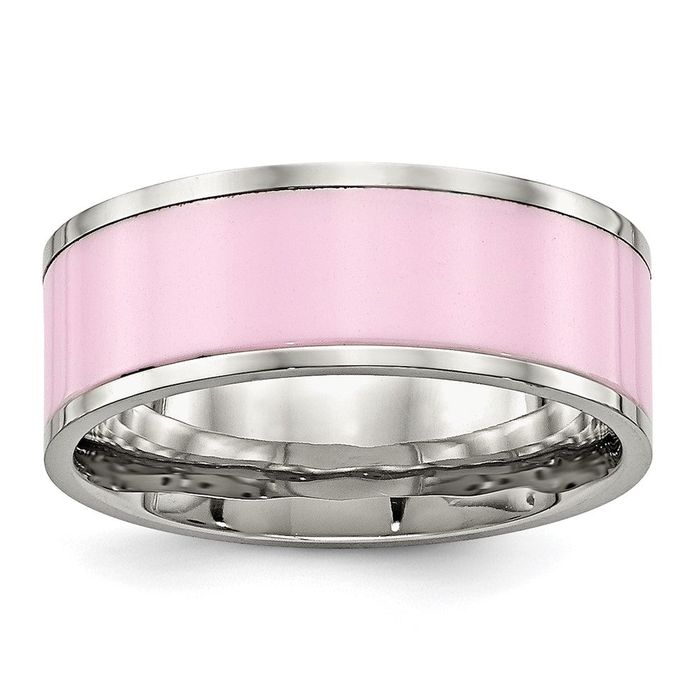 Stainless Steel Polished Pink Ceramic Ring Size - 9