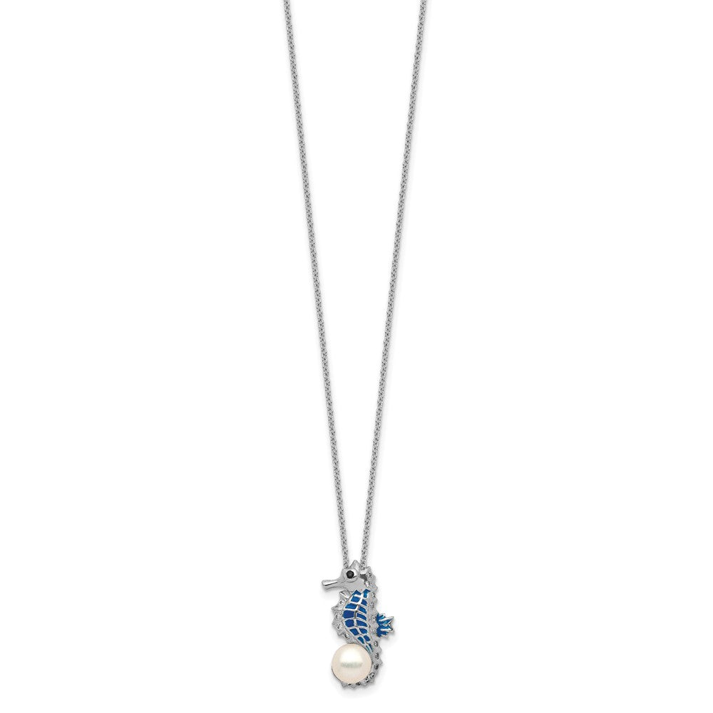 Cheryl M Sterling Silver Rhodium-plated Enameled Freshwater Cultured Pearl and Brilliant-cut CZ Seahorse 18 Inch Necklace 18 Inches