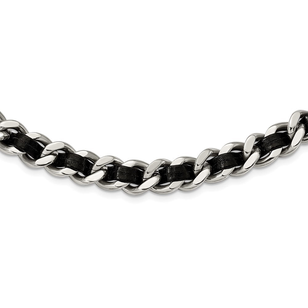 Stainless Steel Polished Black Leather Curb w/2in ext Choker Necklace