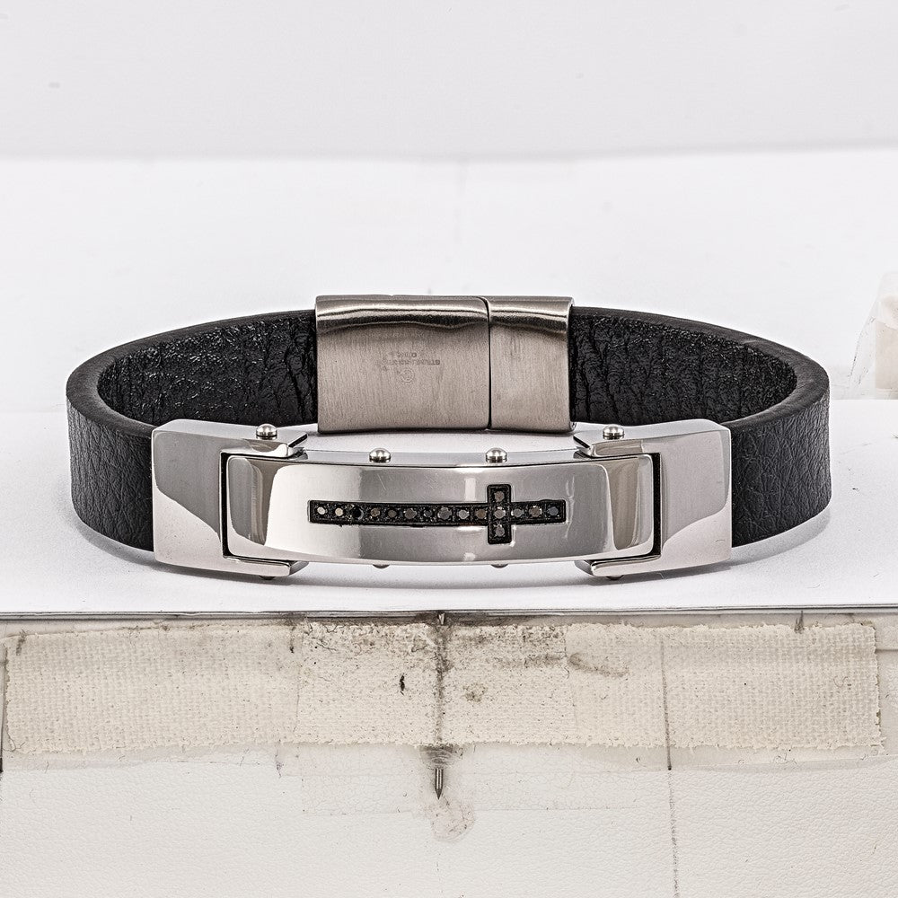 Stainless Steel Black Leather .16ct. Black Diamond Cross 8.5in Bracelet