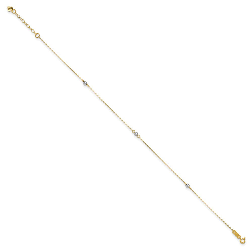 14k Two-tone Mirror Bead 9in Plus 1in ext. Anklet 9 inches