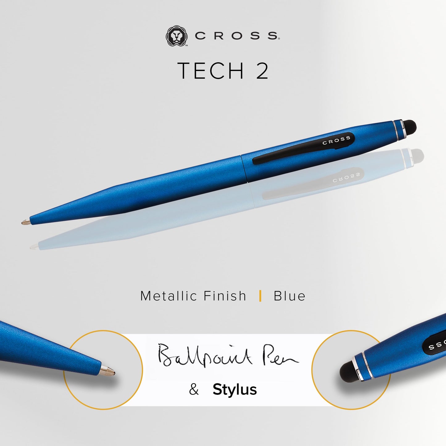 Cross Tech2 Refillable Ballpoint Pen, Medium Ballpen With Stylus, Includes Premium Gift Box - Metallic Blue