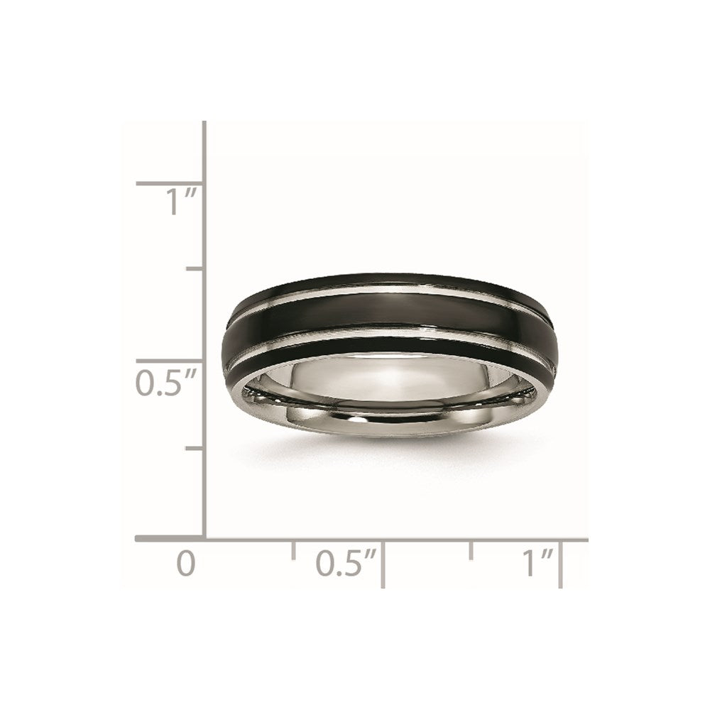 Stainless Steel Polished Black IP-plated 6mm Grooved Band Size - 7