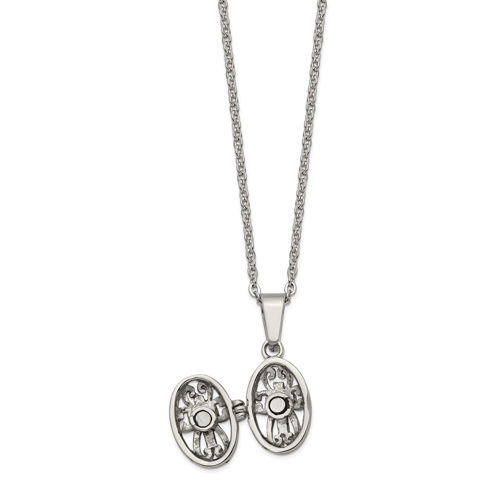 Stainless Steel Polished and Antiqued Oval Magnetic Prayer Box Necklace