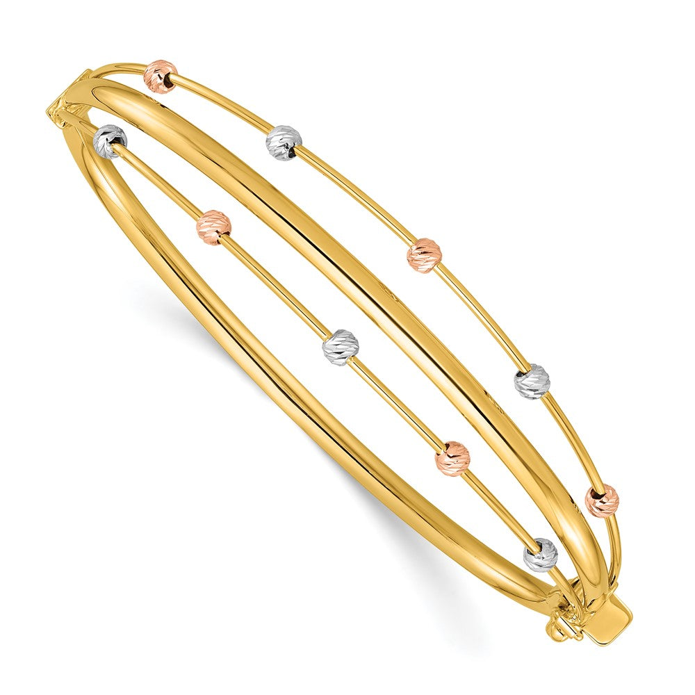 14k Tri-color Polished 3-Row Diamond-cut Beaded Hinged Oval Bangle Bracelet