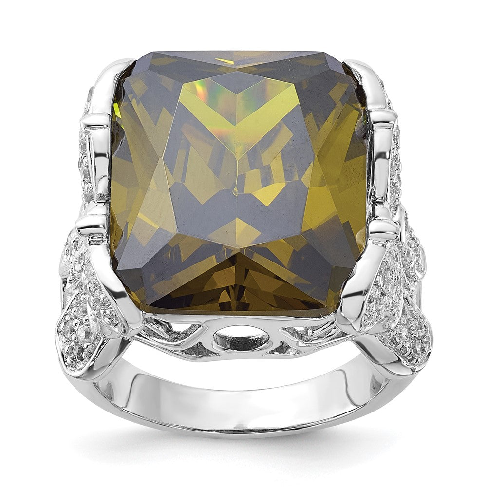 Sterling Silver Polished Green & Clear CZ Butterfly Sides Ring