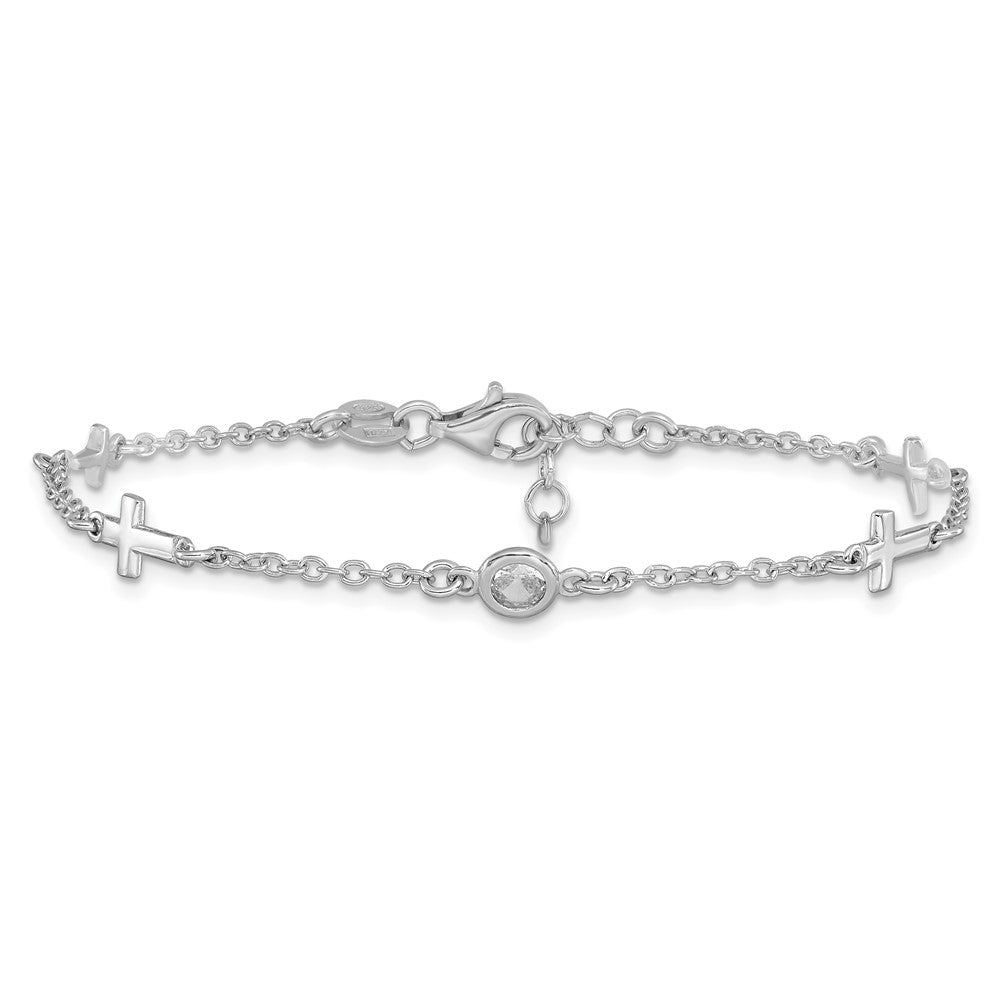Sterling Silver Rhodium-plated CZ Cross w/ 1in ext. Bracelet 7  inches