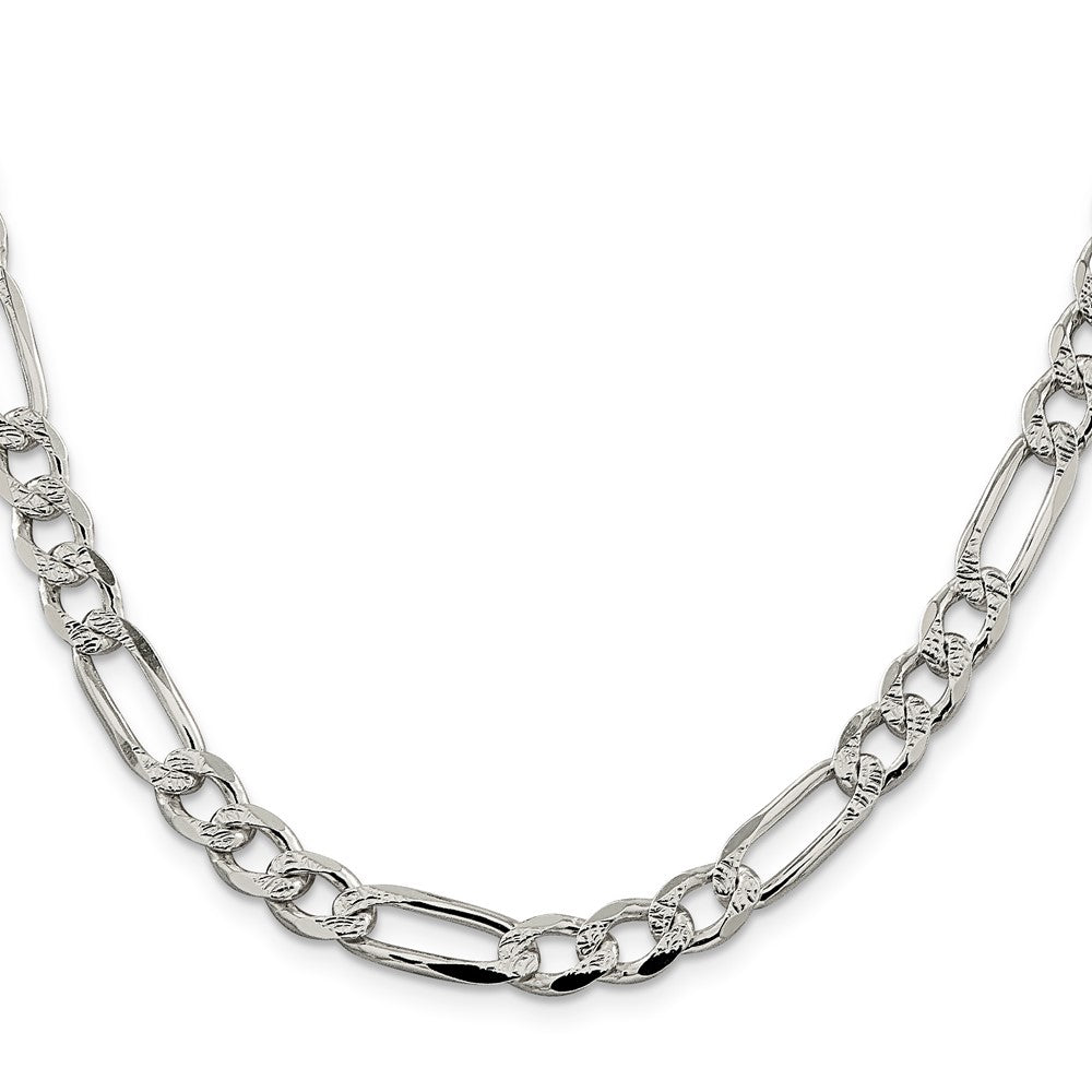 Sterling Silver 7.25mm Pav‚ Flat Figaro Chain 24 Inches