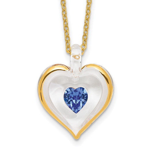 Glass Baron 22K Accent Gilding Gold-trim Glass with Blue September Birthstone Crystal Heart 18 inch Gold-tone Necklace
