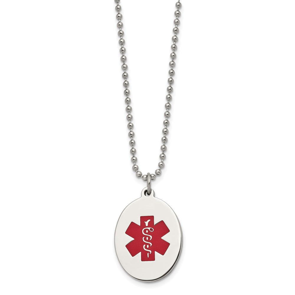 Stainless Steel Polished w/Red Enamel Oval Medical ID 22in Necklace