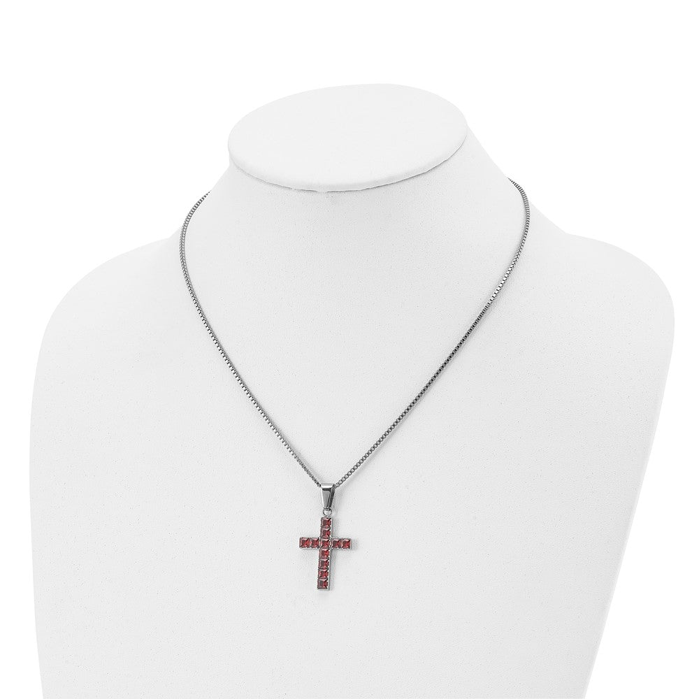 Stainless Steel Polished w/Red Square CZ Cross 18in Necklace