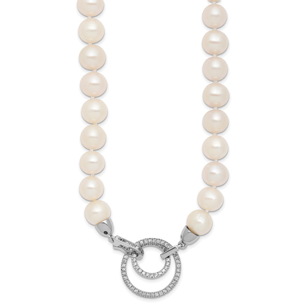 Sterling Silver Rhodium-plated 10-11mm White Near-Round Freshwater Cultured Pearl and CZ Clasp Adjustable 19.5 inch Necklace 19.5 Inches