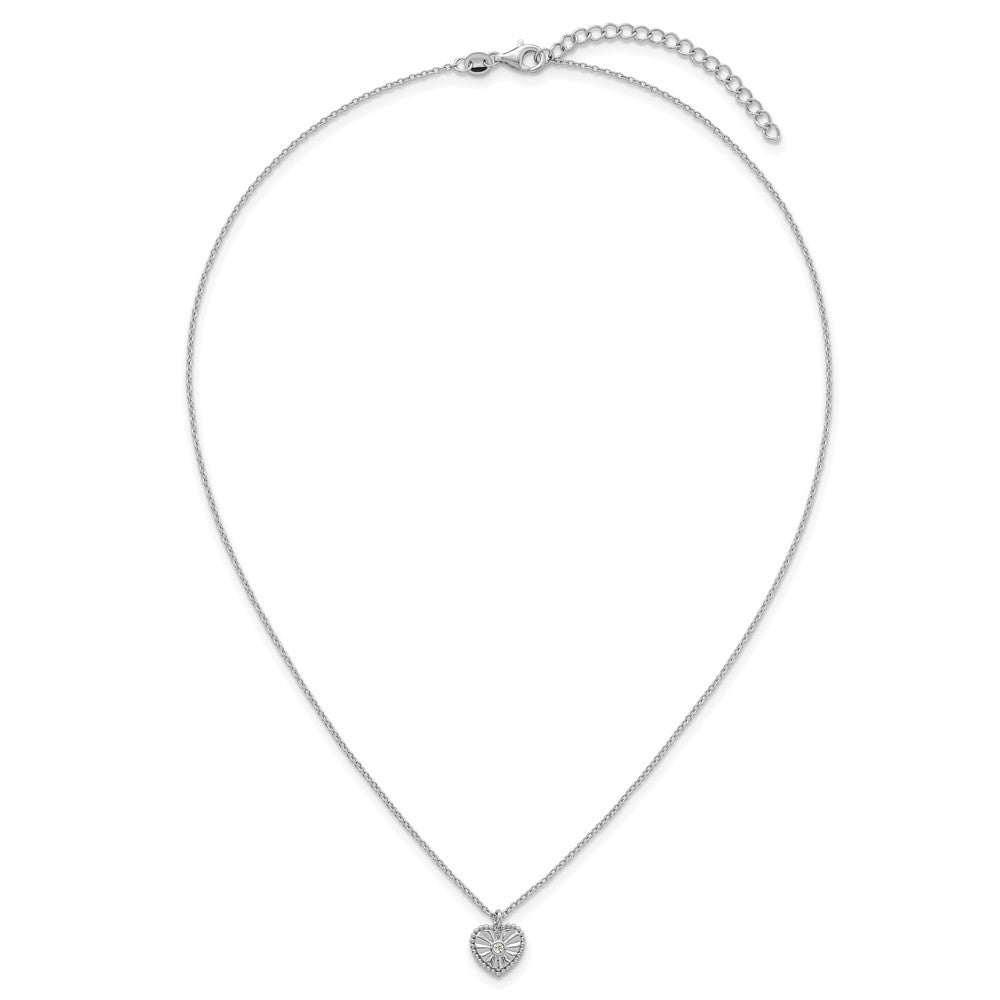 Sterling Silver Rhodium-plated Polished Beaded and Textured CZ Heart 16 Inch with 2 Inch Extension Necklace 16 Inches