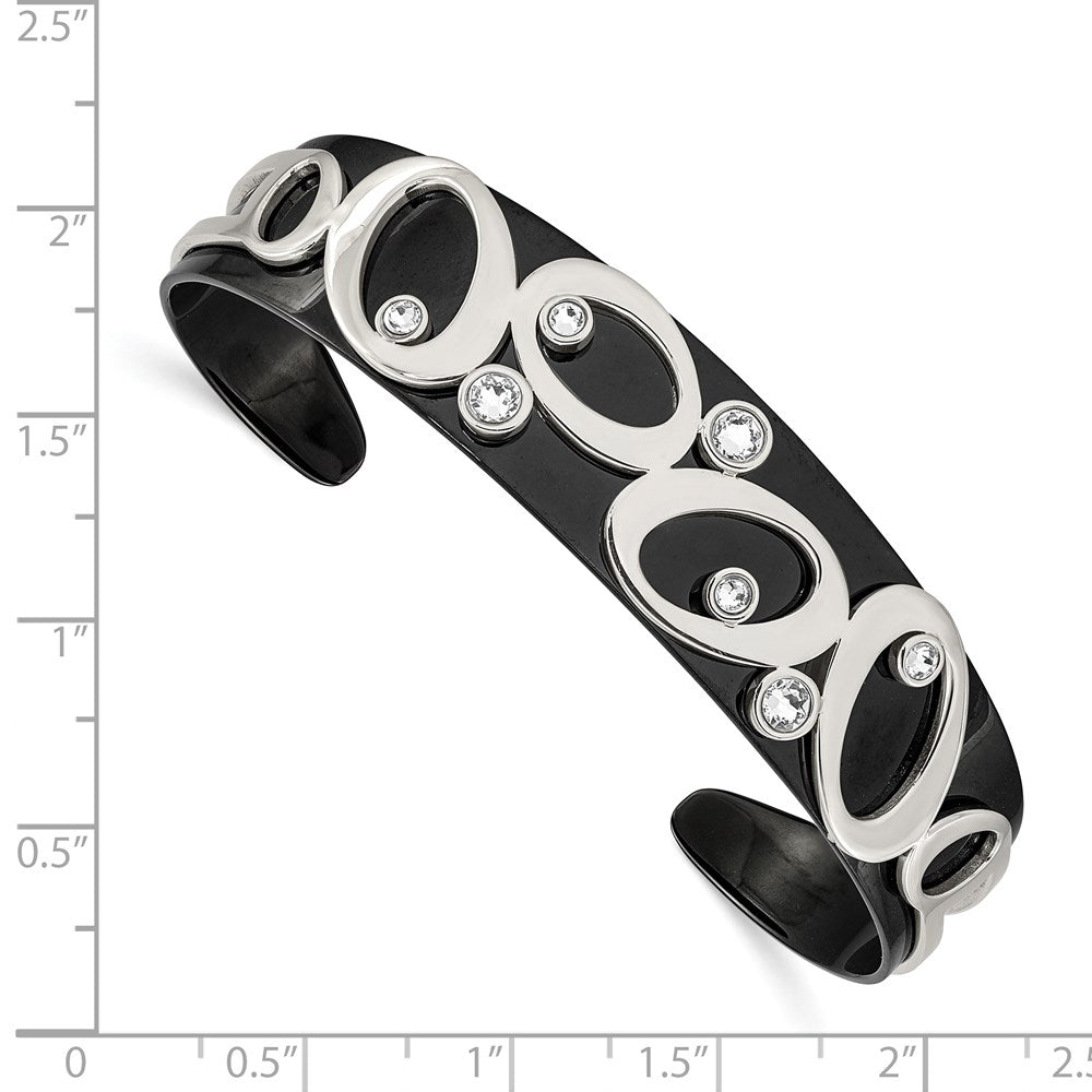 Stainless Steel 15mm Polished Black IP w/Swarovski Crystal Cuff Bracelet 6.5 inches