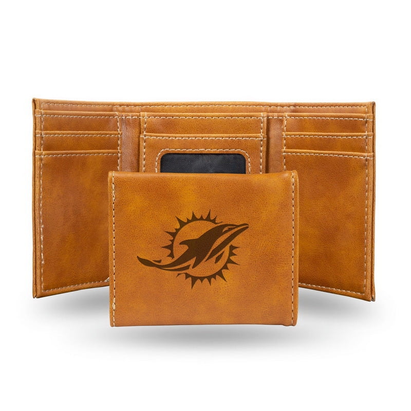 Miami Dolphins Brown Laser Engraved Tri-Fold Wallet - Men's Accessory
