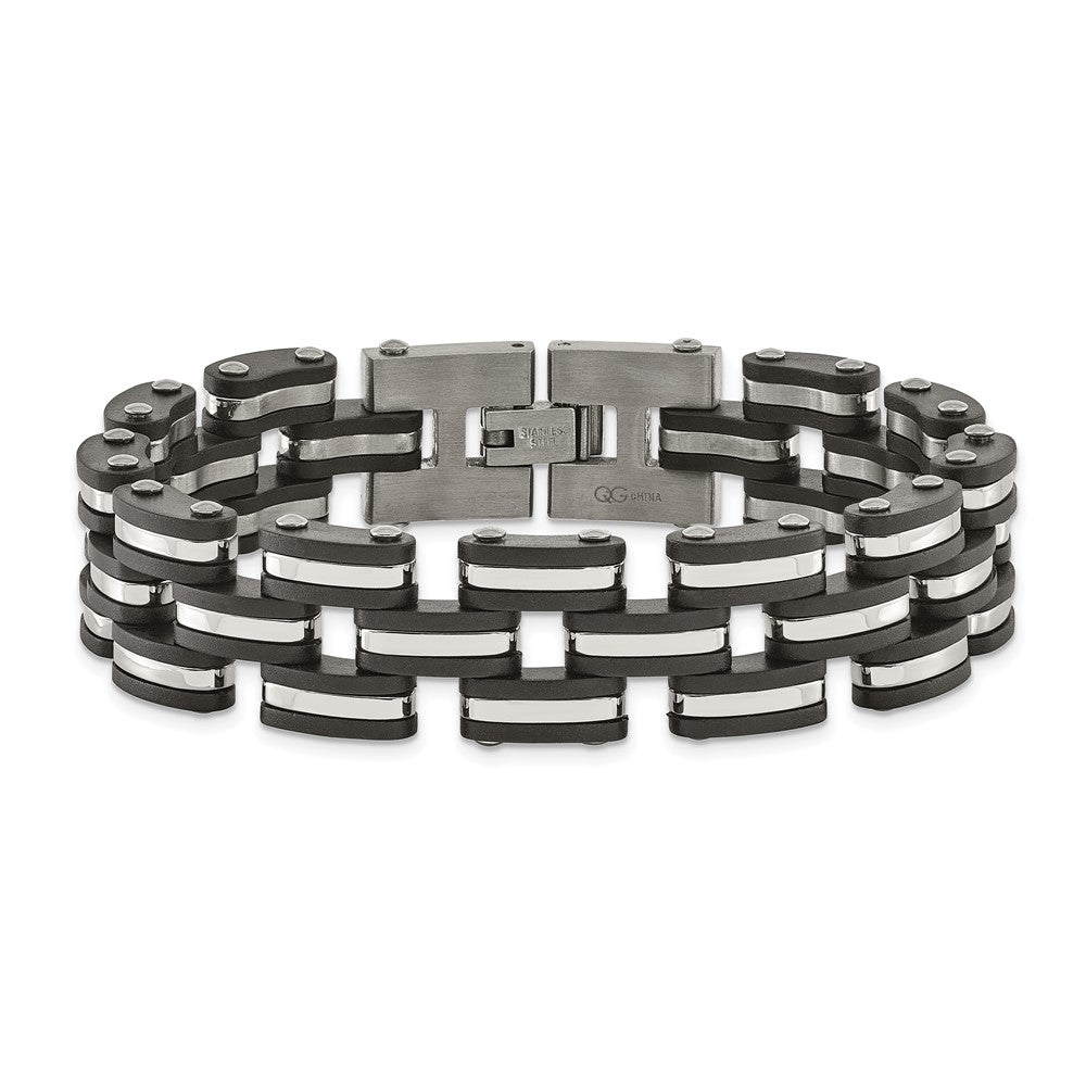 Stainless Steel Brushed and Polished Black Rubber 8in Bracelet 8 inches