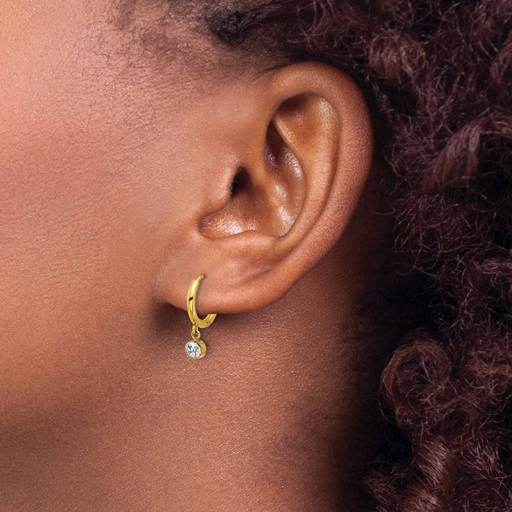 Chisel Stainless Steel Polished Yellow IP-plated White Zircon Dangle Hinged Hoop Earrings