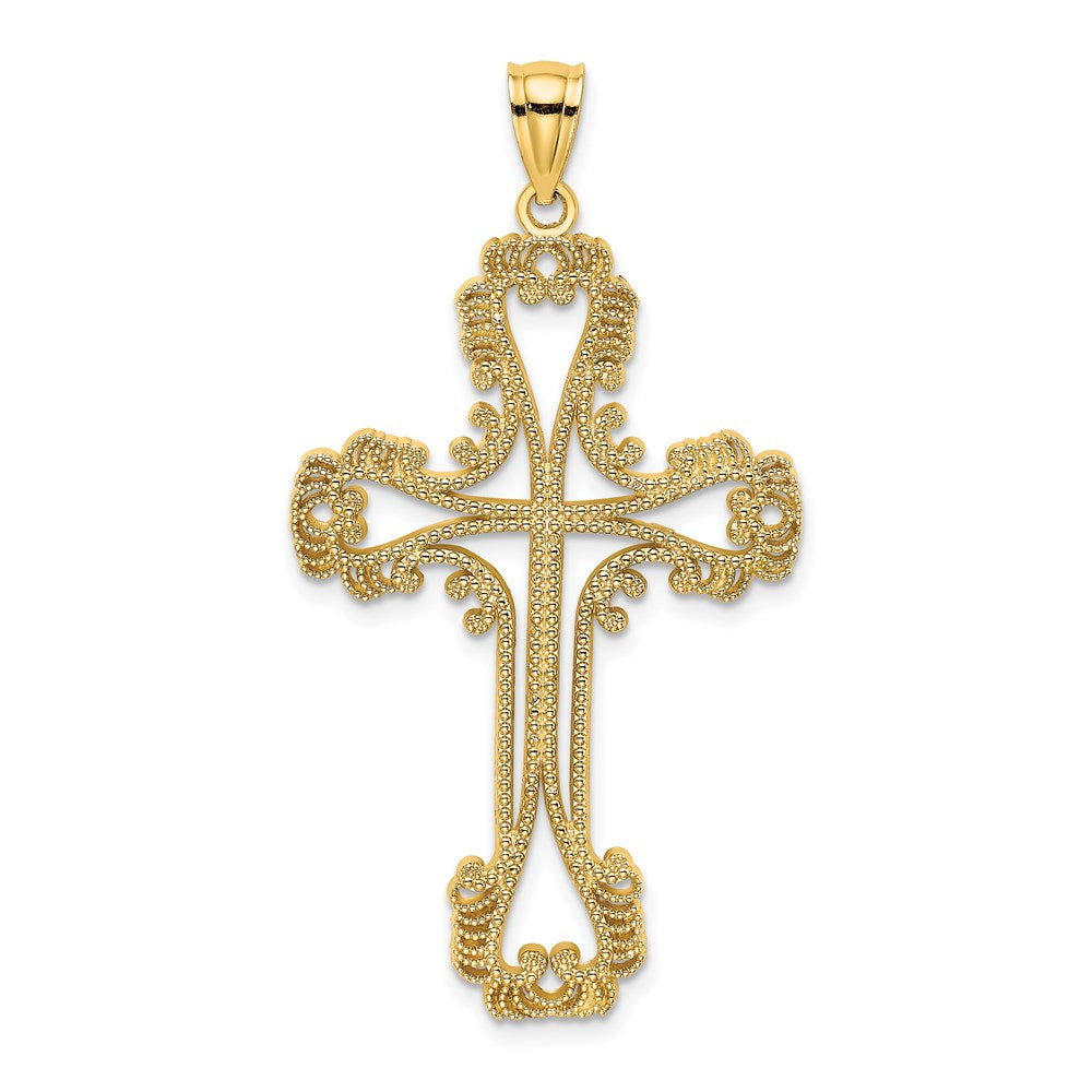 14K Beaded Cut-Out Cross w/ Swirled Design Charm