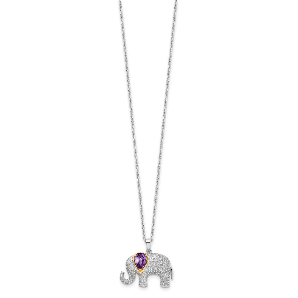 Brilliant Gemstones Sterling Silver with 14K Accent Rhodium-plated Amethyst and Diamond Elephant 18 Inch Necklace with 2 Inch Extender 17 Inches