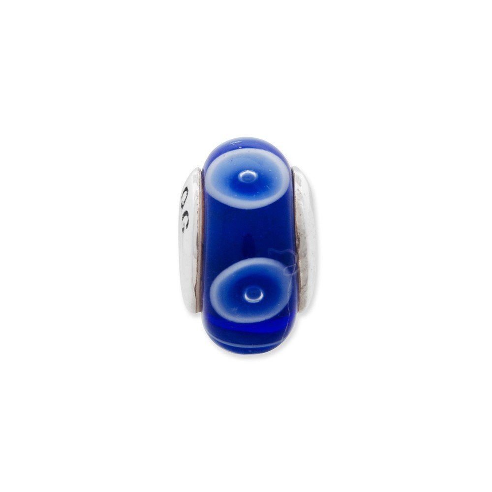 Kids Collection Sterling Silver Hand-blown Blue with White Dots Pattern Glass Reflections Bead