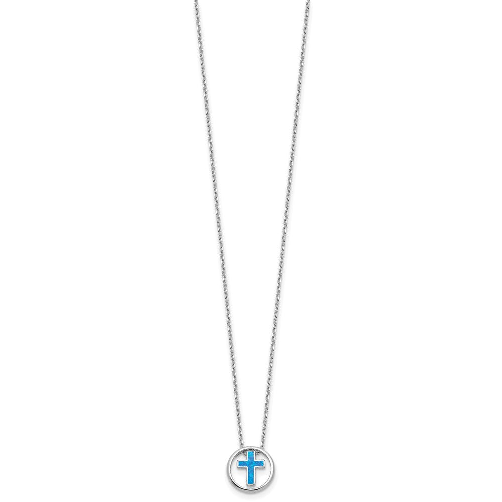 Sterling Silver RH-plated Blue Cr. Opal Inlay Cross 16in w/2in ext Necklace