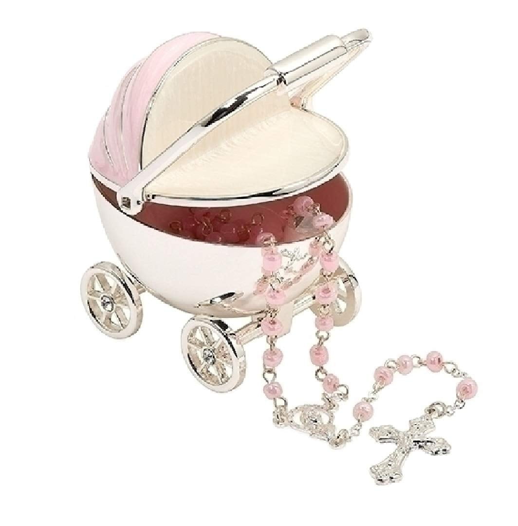 Roman 19006 Carriage Keepsake Box and Rosary, 2-inch Height, Zinc Alloy-Lead Free, Pink