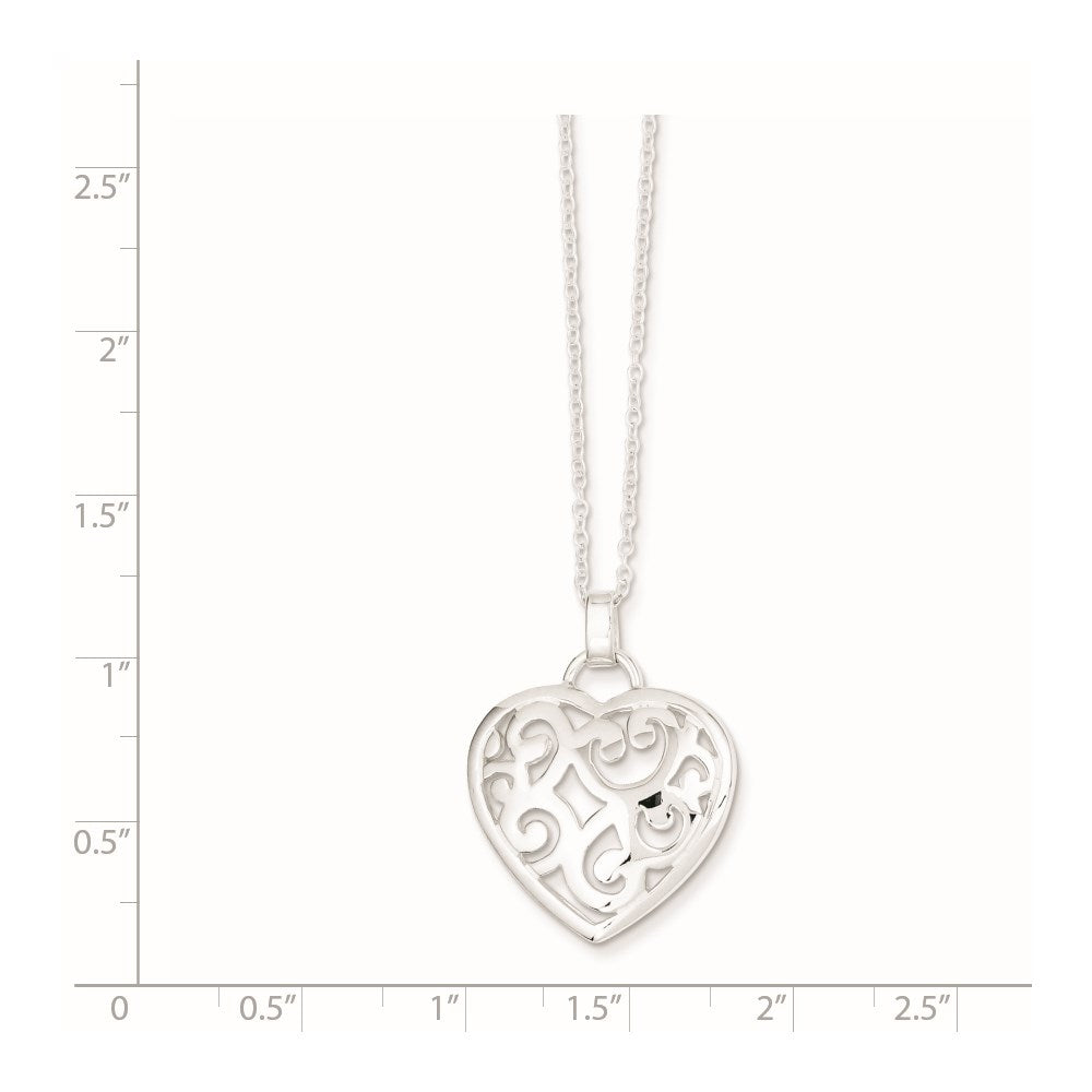 Sterling Silver Filigree Swirl Heart Necklace 18 Inches