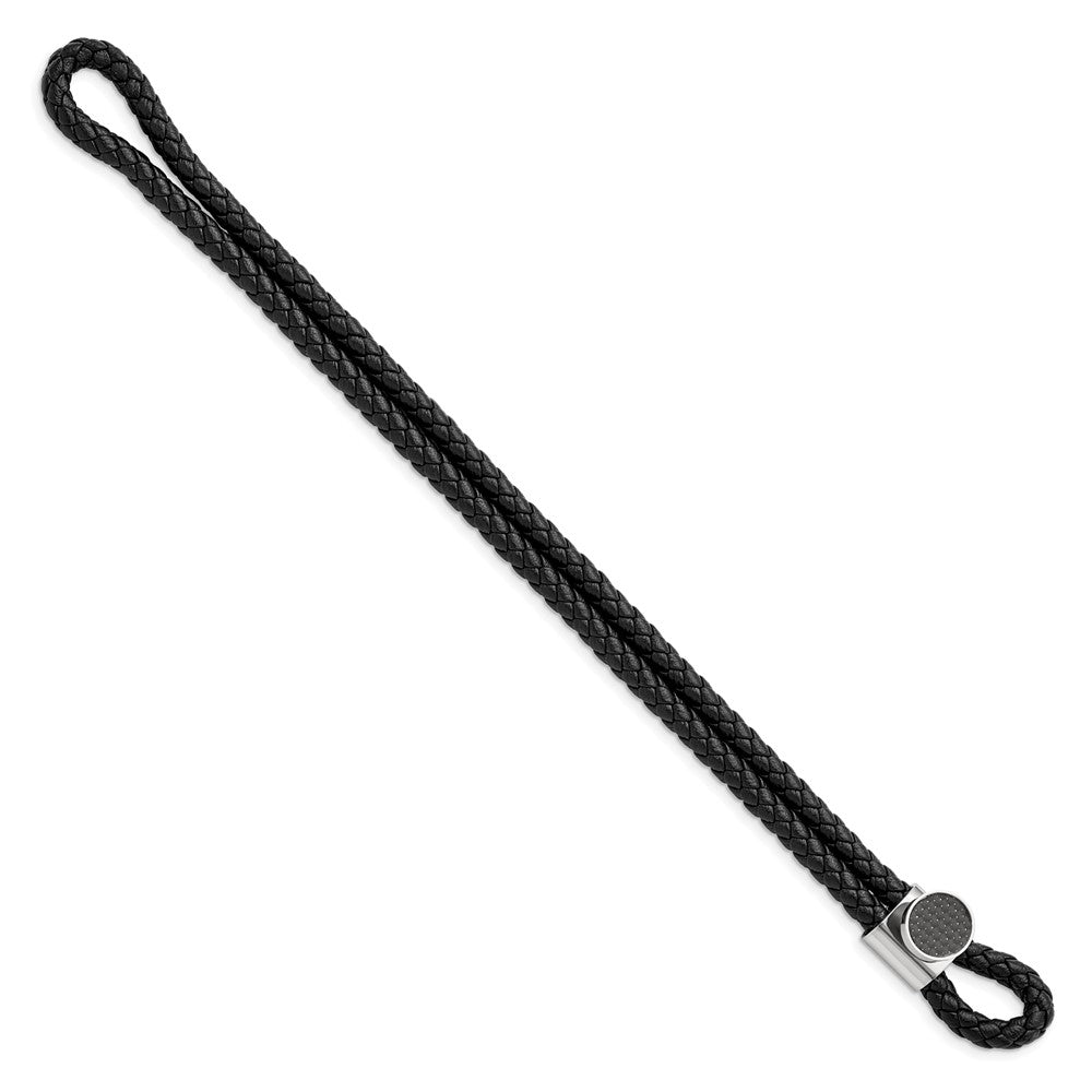 Stainless Steel Polished Black Carbon Fiber Inlay Leather 8.5in Bracelet 8.5 inches