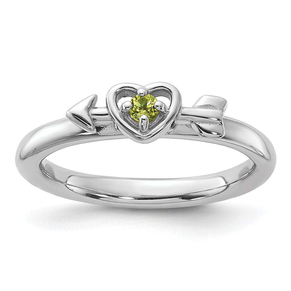 Sterling Silver Stackable Expressions Rhodium-plated Peridot Heart with Arrow Ring Size -6