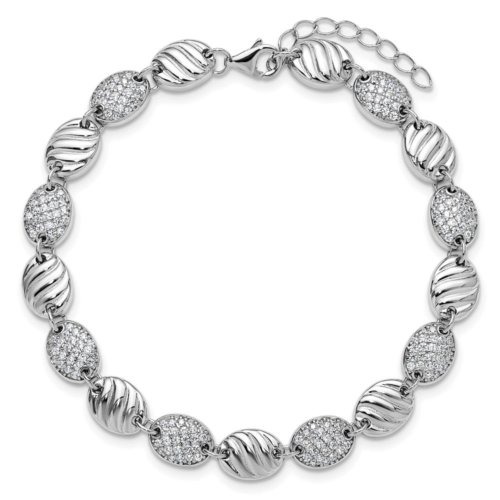 Cheryl M Sterling Silver Rhodium-plated Polished and Grooved CZ Ovals with 1 Inch Extension Bracelet 8 inches