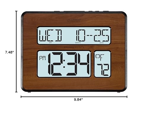 La Crosse 513-1419BL-WA Backlight Atomic Calendar Digital Clock with Large Digits, Walnut