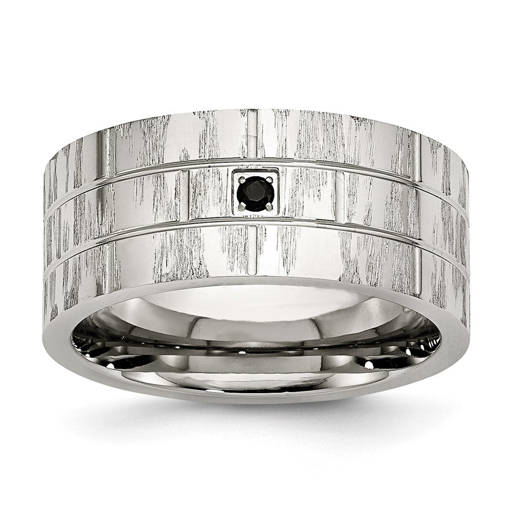 Stainless Steel Brushed and Polished w/Black CZ 10mm Flat Band Size - 10